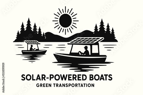Black and White Illustration of Solar Powered Boats on a Lake with Trees Mountains and a Shining Sun in the Background serene scene featuring