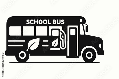 Stylized Black and White School Bus with Leaf Accents Representing Eco Friendly Transportation and Sustainable Practices for Educational Institutions Isolated on a White Background