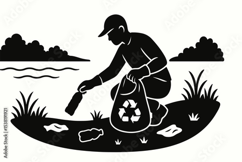 Monochrome Illustration of a Person Picking Up Litter Near Water with a Recycle Bag Promoting Environmental Cleanup and Conservation Efforts for a Cleaner Planet