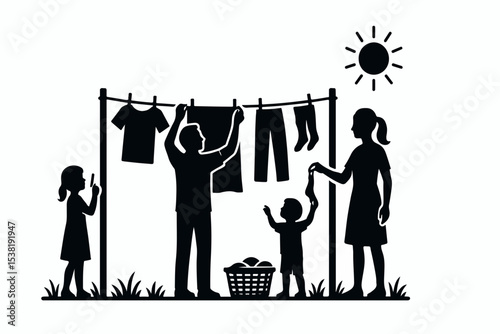 Family Laundry Day Silhouette Father Hanging Clothes Mother and Children Assisting Under a Bright Sun Illustrating Domestic Life and Shared Responsibilities in a Minimalist Style