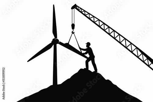 Silhouette Illustration of Wind Turbine Installation with Construction Worker and Crane on a Hill Depicting Renewable Energy Infrastructure Development black silhouette shows construction worker