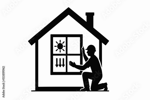 Energy Efficient Window Installation Icon Depicting a Worker Installing a Window with Sun and Arrows Inside a House Silhouette on a White Background This