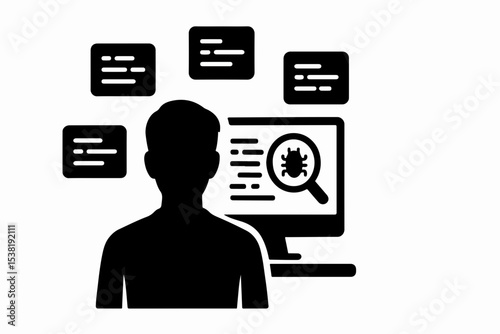 Software Debugging and Code Analysis A Developer Identifying and Resolving Bugs with Magnifying Glass on Computer Screen Surrounded by Code Snippets in a Black and