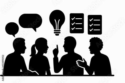 Collaborative Brainstorming Session Silhouetted Figures Discuss Ideas Generating Solutions and Completing Tasks Represented by Lightbulb Speech Bubbles and Checklists in a Business Meeting black