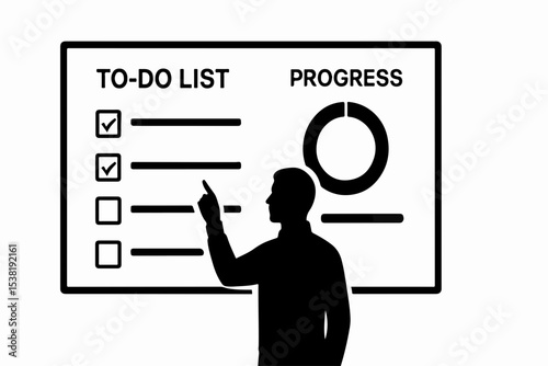 Silhouette of a Person Pointing at a To Do List with Progress Chart Representing Task Management and Productivity in a Black and White Graphic