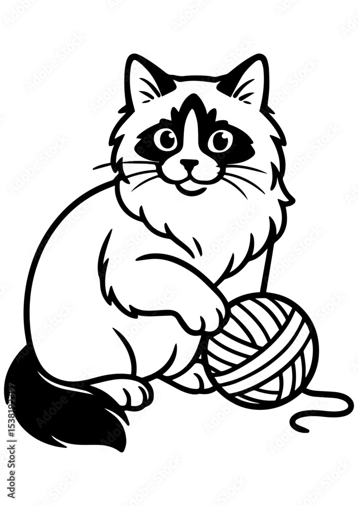 Obraz premium Black and white vector of a playful Ragdoll cat with a ball of yarn. Perfect for engraving, print, logos, and coloring projects