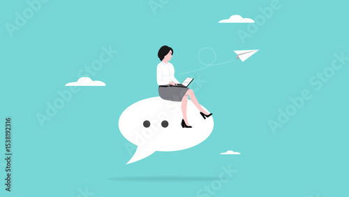 customer relationship management, CRM, chatbot or automatic messages for customers, smart business woman managing customer chat using laptop while sitting on big speech bubble