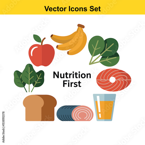 Healthy eating habits nutrition first vector icons set