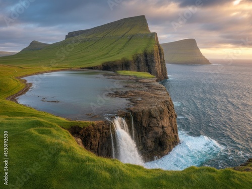 Dramatic faroe islands waterfall ocean cliffs sunset