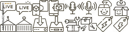 Outline Icons Showing Live Broadcasts, Augmented Reality, Podcasts, Shipping, Freight, Online Orders, and Energy Pricing