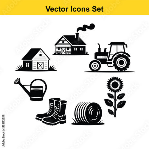 Farm icons set tractor barn boots sunflower hay