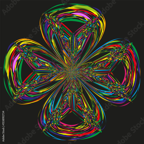Color swirl flower. Abstract twisted shape. Vector rainbow design. Psychedelic symmetry form.