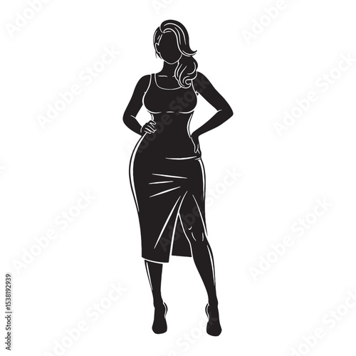 Charming Posed Curvy Lady Elegant Silhouette Graphic, with a Feeling of Quiet and Inner Strength - curvy lady silhouette - curvy lady vector - silhouette of curvy lady - Lady illustration
