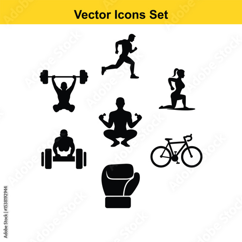 Fitness icons set exercise weightlifting and cycling