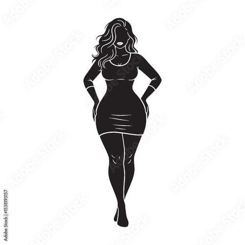 Wonderful Standing Curvy Lady Natural Shape Depiction, Looking Calm and Very Poised - curvy lady silhouette - curvy lady vector - silhouette of curvy lady - Lady illustration
