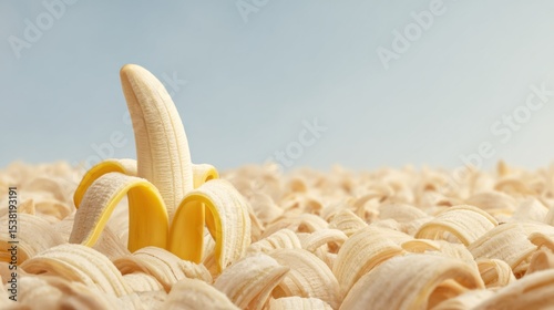 Unpeeled banana standing upright in field of peeled ones, unconventional leader photo