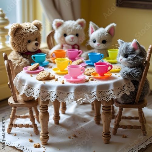 This delightful image showcases a teddy bear tea party with a focus on the charming interaction of the plush participants. Several teddy bears and a grey cat are arranged around a small wooden table d
