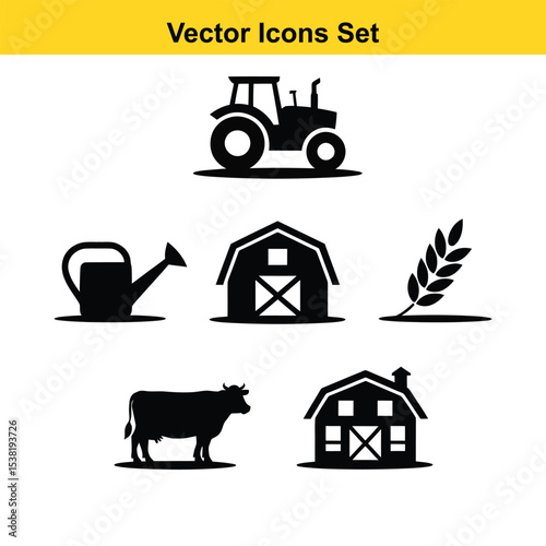 Farm icons set tractor barn cow wheat watering can