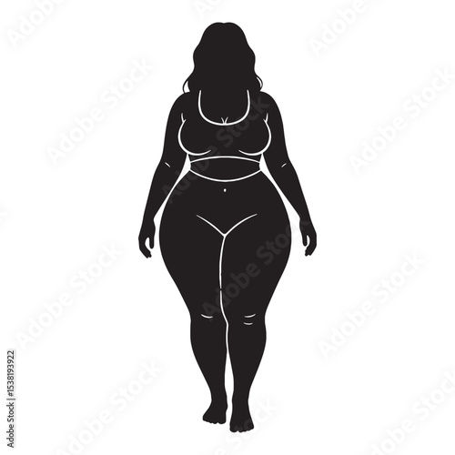 Lovely Standing Curvy Woman Natural Shape Depiction, Looking Calm and Poised - curvy woman silhouette - curvy woman vector - silhouette of curvy woman - Woman illustration
