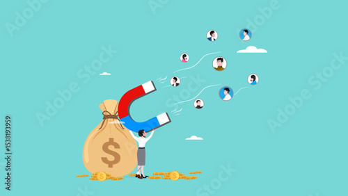 Customer acquisition cost or CAC, marketing expense on customer retention, advertising cost for lead generation, business woman uses magnets with dollar costs to attract customers