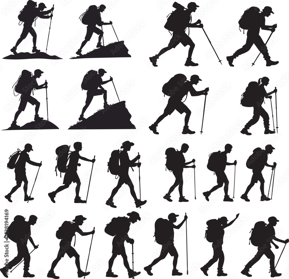 Obraz premium Set of 20 Hiking Silhouette Vector Icons