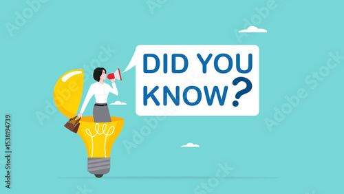 did you know banner concept, expert information, explanation or solution, useful tip or knowledge, business woman coming out of light bulb idea with megaphone and speech bubble saying did you know?