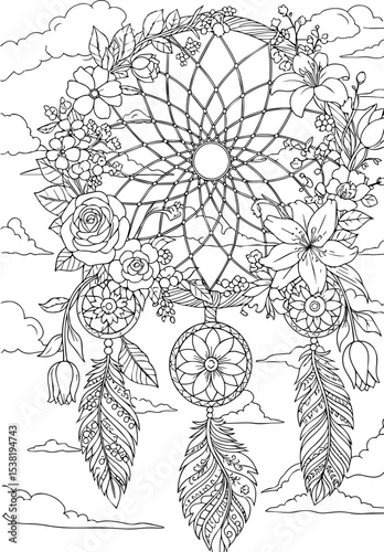 Detailed Dreamcatcher with Flowers Coloring Page