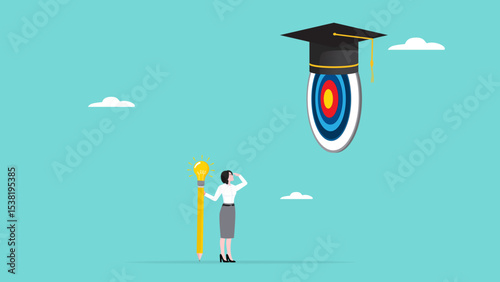 education goals, educational targets or skills development, strategy to achieve higher education, effort to graduate high degree education, smart woman aiming at target board with graduation cap