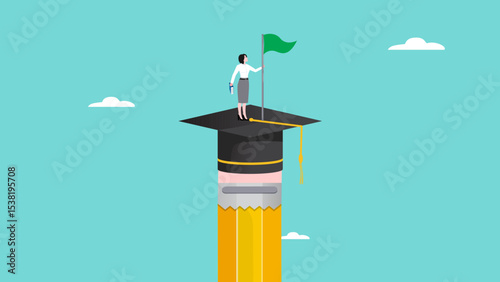 success education, strategy to achieve higher education, effort to graduate high degree education, success woman climbs the top of the pencil with a graduation hat while carrying a victory flag