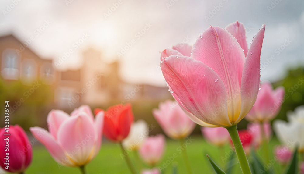 Fototapeta premium Pink tulip with water droplets in a garden setting, with copy space