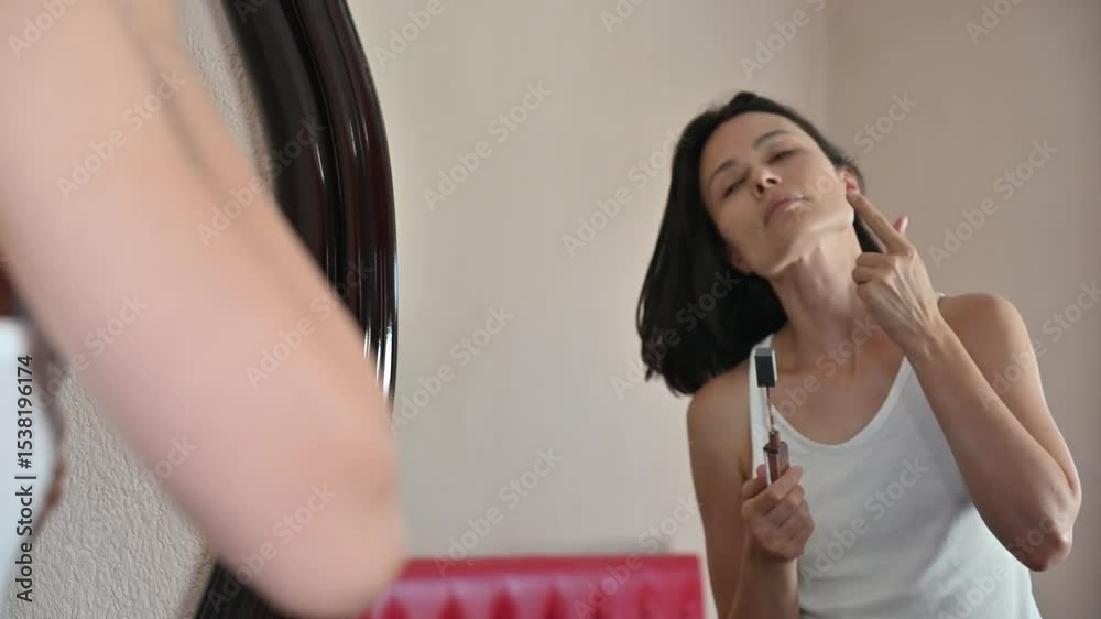 A young brunette woman with a bob haircut applying blush to her cheeks in front of a mirror. 