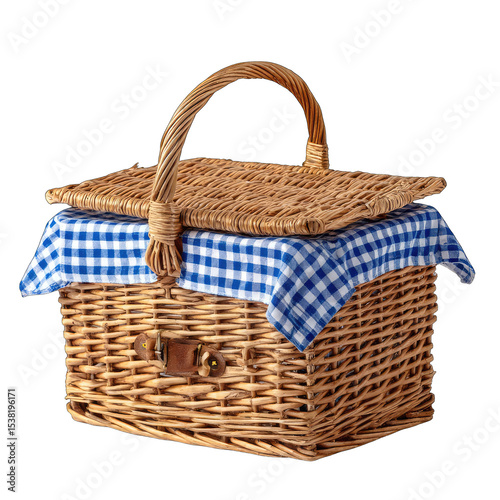 A wicker picnic basket with a blue and white checkered cloth draped over the lid, ready for an outdoor adventure