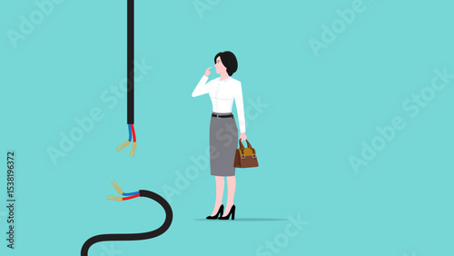 lost connection, system error or broken page, Disconnected wires from the outlet, 404 error page not found on website, server problems or loss of signal, confused businesswoman with disconnected cable