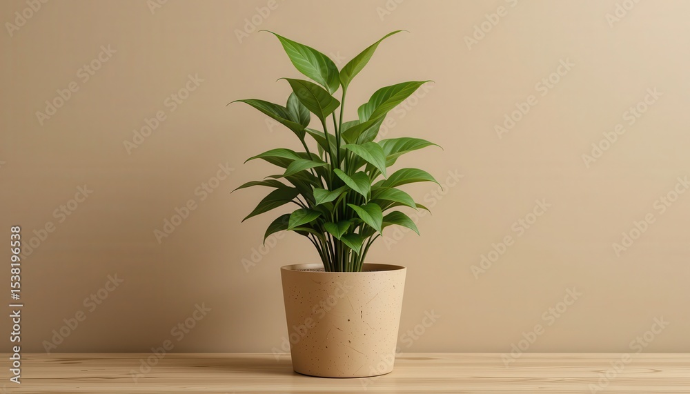 Fototapeta premium Lively Green Plant in Kraft Pot on Soft Khaki Wall - Home Decor Inspiration, Indoor Environment