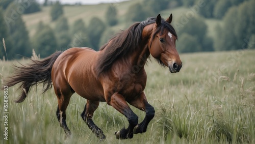 A brown bay horse with a long mane, blemish and tail galloping among tall grass in a meadow. Animal farm, breed horses.