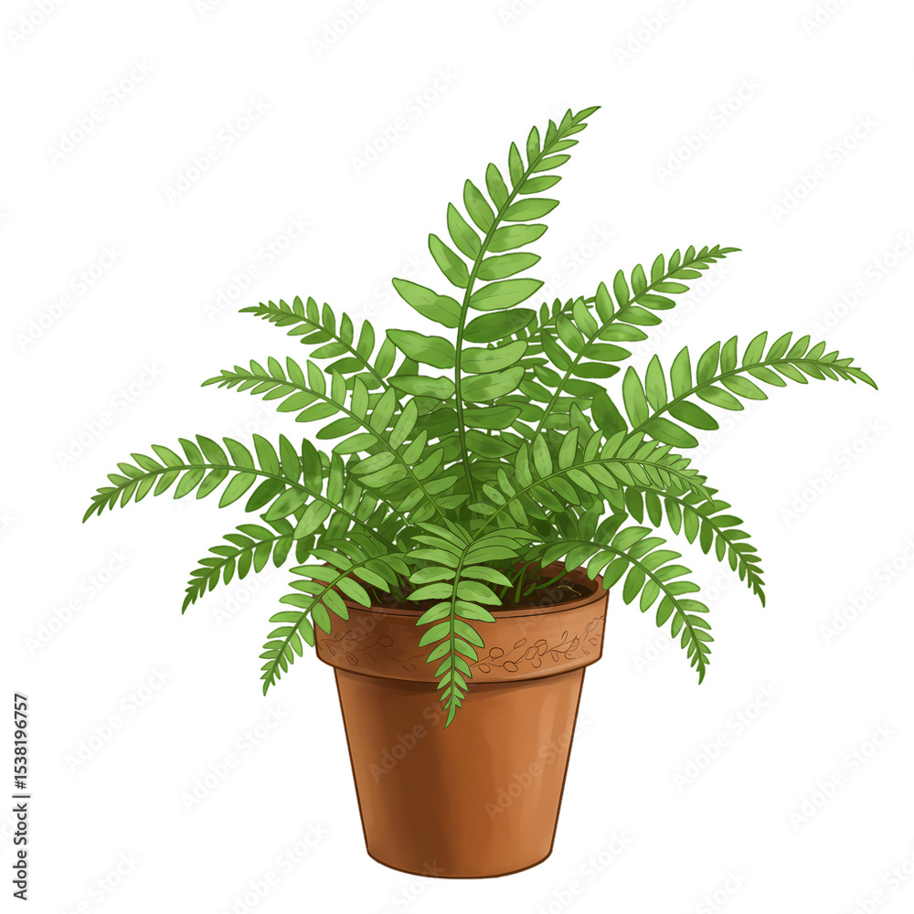 Fototapeta premium Lush Green Fern in Terracotta Pot isolated on transparent baackground