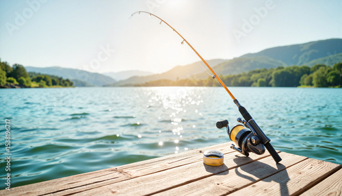 Fishing rod on dock over a lake with mountains, recreational activity, with copy space