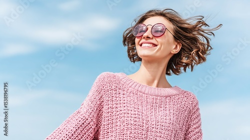 Smiling woman wearing sunglasses and pink sweater against a blue sky background.