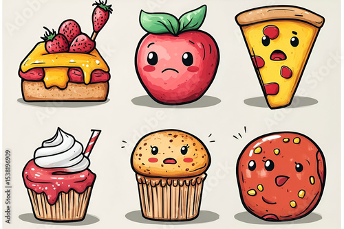 Cute cartoon food illustration set.