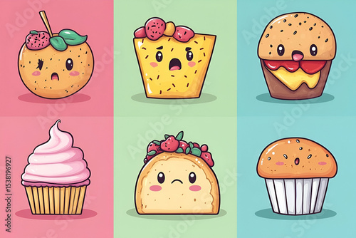 Cute cartoon food illustrations on a pastel background.