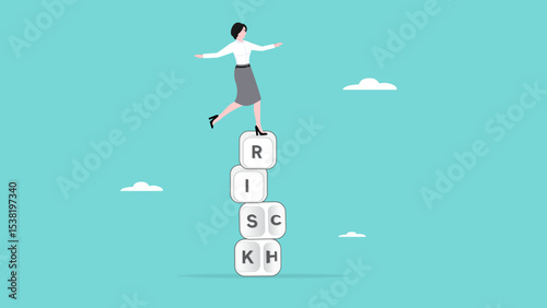 risk management to getting rich, strategy to achieve success in business, rich with risk concept, smart business woman balancing a pile of cubes with rich and risk written on the side