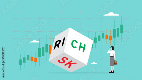 analyze risk to getting rich, risk and rich, investment risk that is parallel to obtaining returns, investment businesswoman analyzes the cube using risk and rich terms with financial graph background