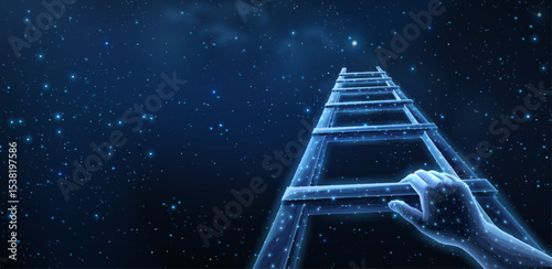 Digital stair with man hand. Career ladder, business growth, success stairs.