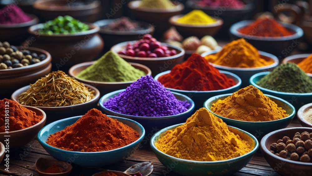 A selection of various colorful spices on a wooden table in bowls A selection of various colorful spices on a wooden table in bowls