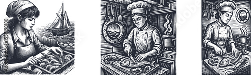  Vintage engraving set of a female chef cooking seafood in a compact ship kitchen, maritime culinary scene in woodcut style for postal stamp and retro food art illustrations