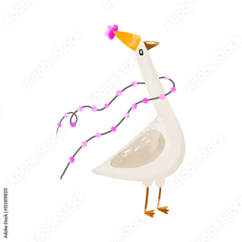 Funny white duck with clown crown and light garland. Birthday celebrating hand drawn watercolor illustration on isolated background