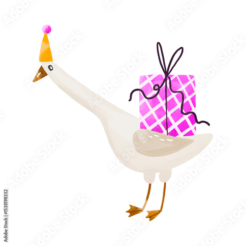 Funny white duck with birthday hand and gift. Birthday celebrating hand drawn watercolor illustration on isolated background