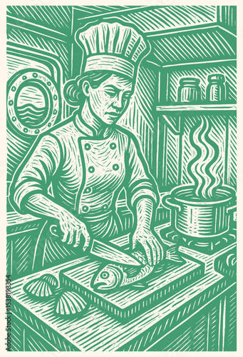 Vintage woodcut illustration of green-toned female chef cooking seafood in a ship galley, stylized with brush strokes and stamp-like texture, engraving vector set design