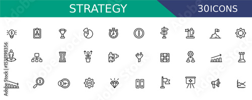 Business Strategy Icons Set. Strategy Line Style Vector Symbols for Planning, Goals & Growth