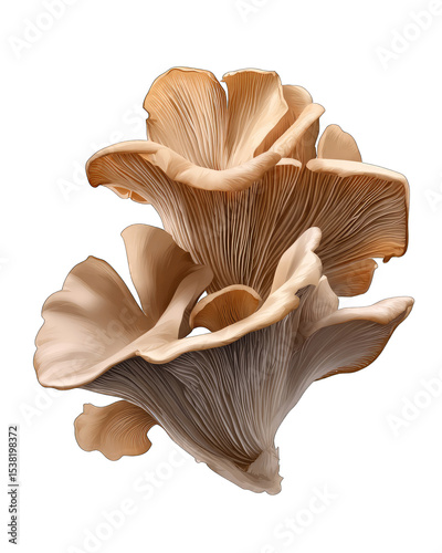 Close-up of two pale beige oyster mushrooms, exhibiting delicate, overlapping caps with subtle textural variations and a smooth, almost translucent quality to the thinner sections